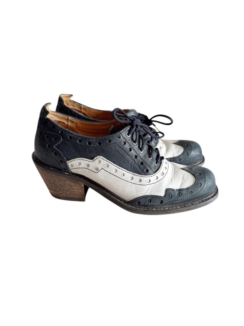 John Fluevog Adriana Lois Black White Womens Wingtip Brogue Oxford Shoes size 6